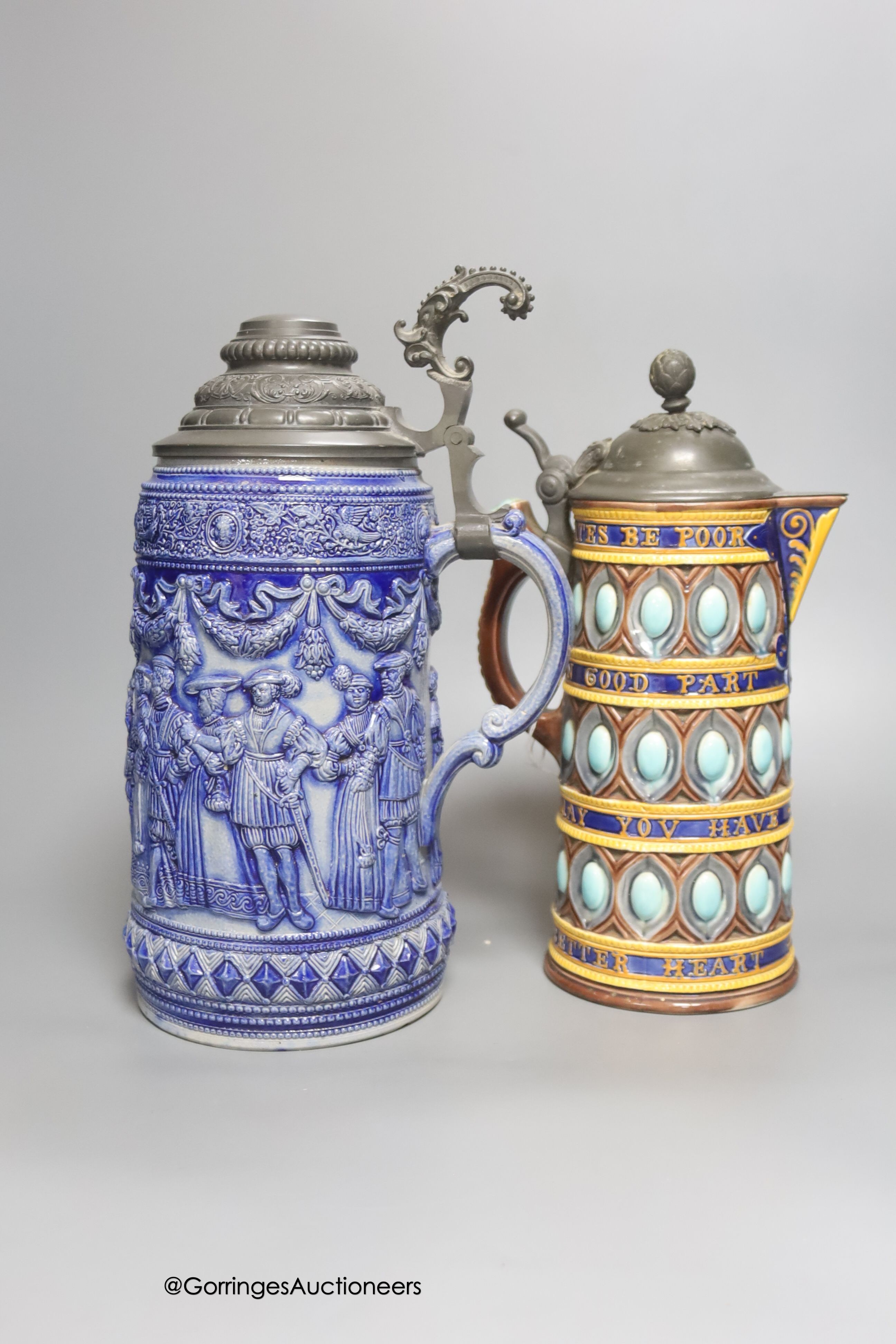 A Wedgwood pewter lidded majolica jug, a Majolica style jug, a stein and a 19th century Masons pot pourri, tallest 32cm